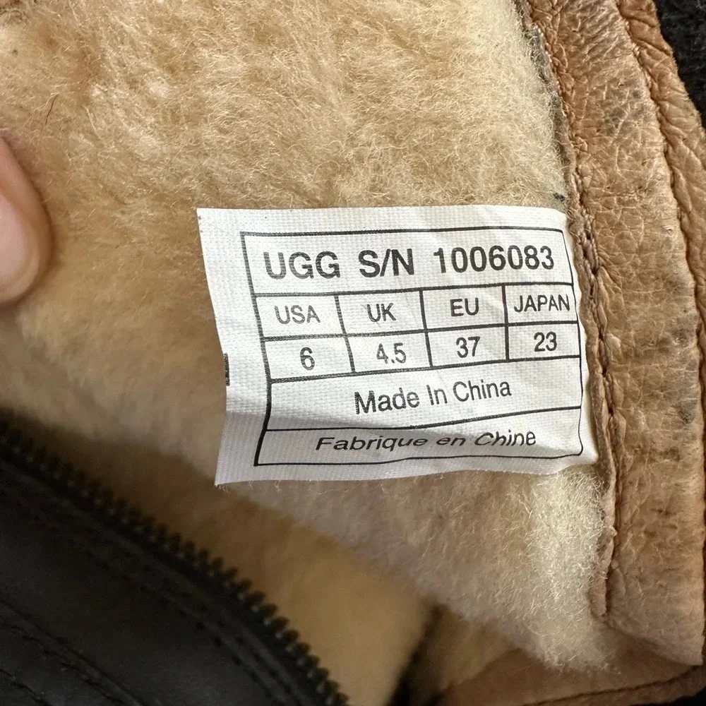UGG Black Leather Mid Calf Wool Lined Side Zip Braid Detail Kaleen Boots